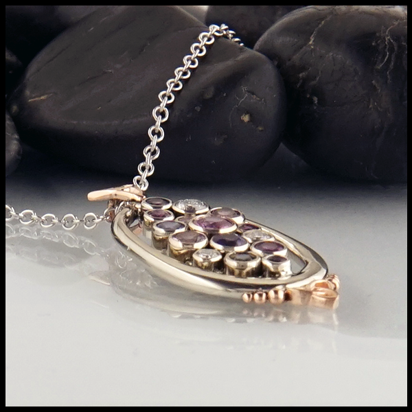 Profile view of 14K Rose and White Gold Pendant with Blue, Purple, Pink and Pastel Sapphires