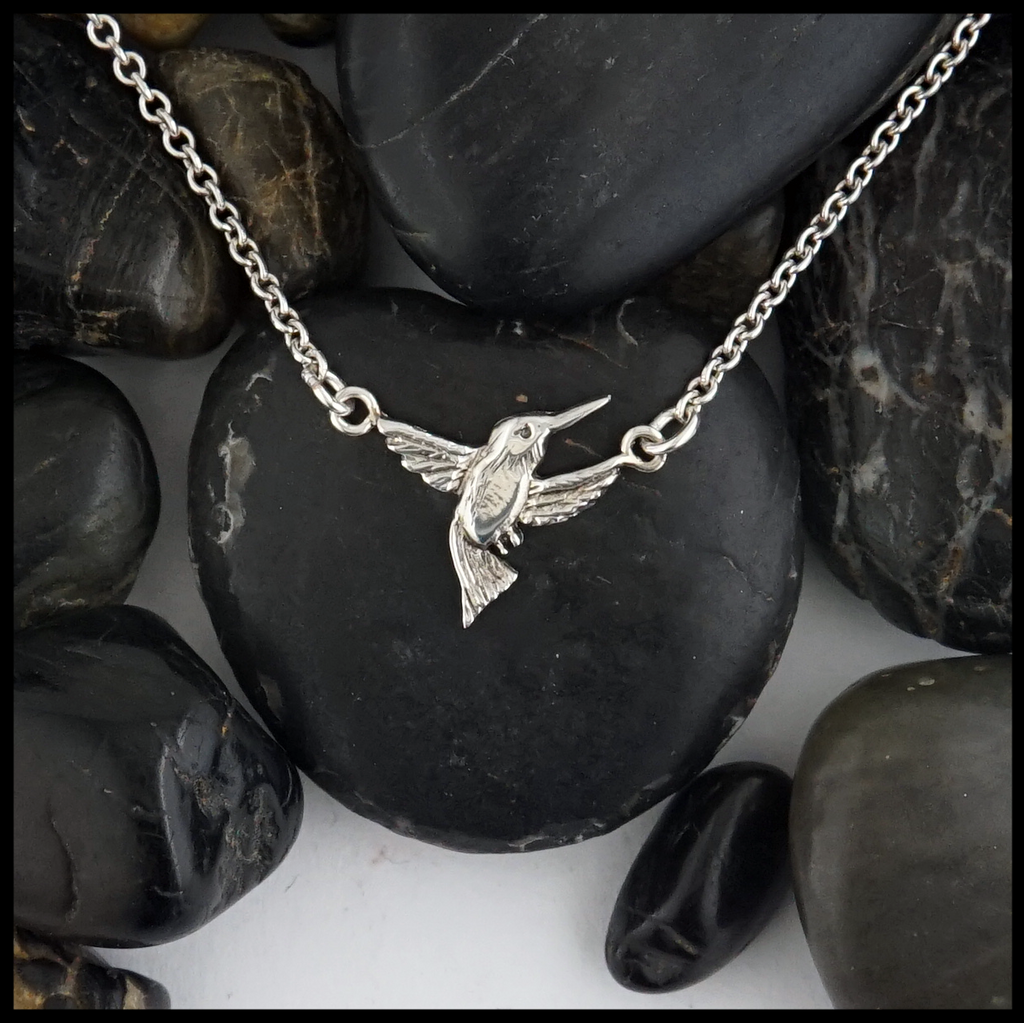 Hummingbird in Sterling Silver with an option for 16" or 18" Cable Chain.