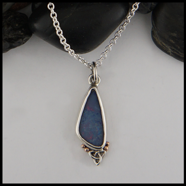 Custom Asymmetrical Sterling Silver pendant with 14K Rose Gold details with a bezel set gray Opal.