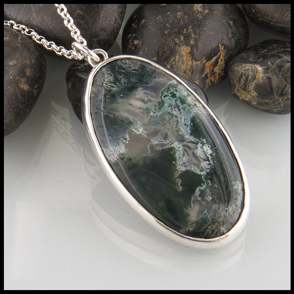 Custom Leaf Moss Agate Pendant in Silver
