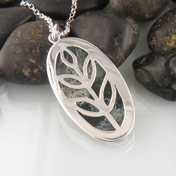 Custom Leaf Moss Agate Pendant in Silver