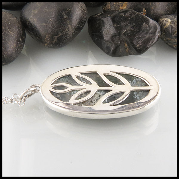 Custom Leaf Moss Agate Pendant in Silver
