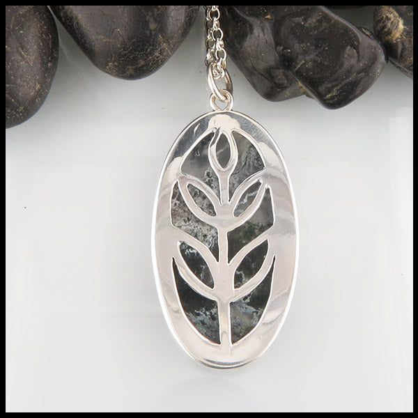 Custom Leaf Moss Agate Pendant in Silver