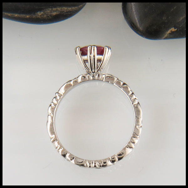 Ruby Solitaire on a Trinity Scroll Band in 14K White Gold