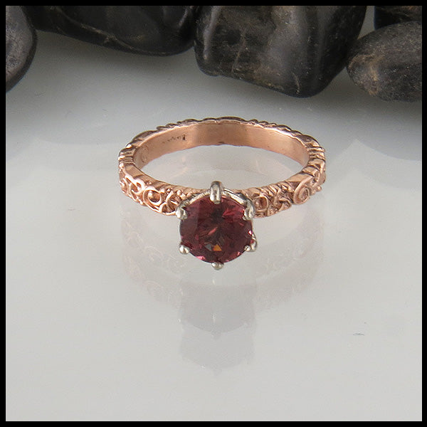 Raspberry Garnet Trinity Scroll Ring in Rose Gold
