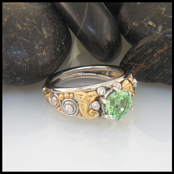 22K Yellow Gold and 14K White Gold Mint Garnet with Diamonds Ring