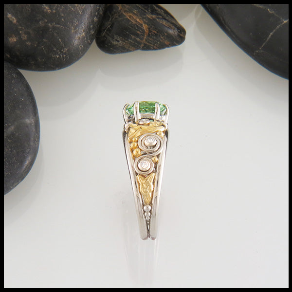 Yellow and White Gold Custom Ring with Mint Garnet and Diamonds