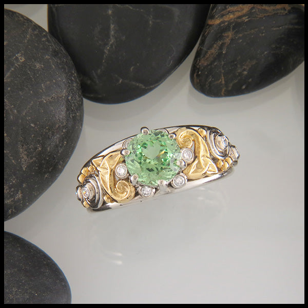 Custom Celtic Yellow and White Gold Ring with Mint Garnet and Diamonds