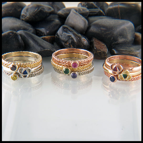 Stacking Birthstone Rings in 14K Gold with Celtic Trinity Knot