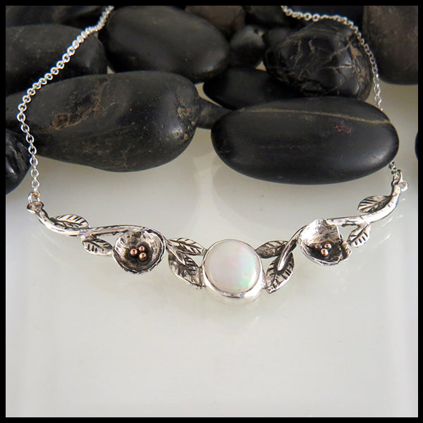 Silver and Rose Gold Floral Necklace with White Opal