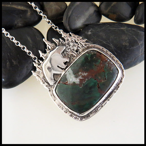 Bear and Salmon Pendant in Sterling Silver with Sunrise Chyrsocolla Cabochon