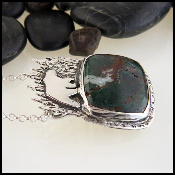 Bear and Salmon Pendant in Sterling Silver with Sunrise Chyrsocolla Cabochon