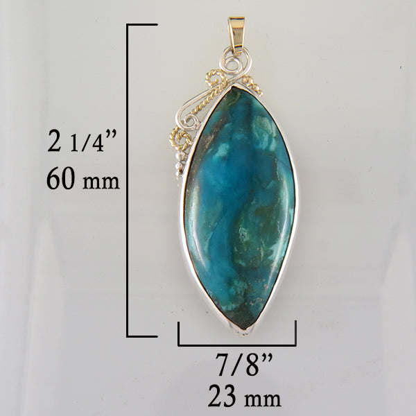 Custom marquise turquoise pendant in silver and gold