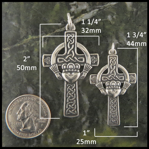 Extra Large cross measures 2" by 1 1/4" and Large Claddagh cross measures 1 3/4" by 1"