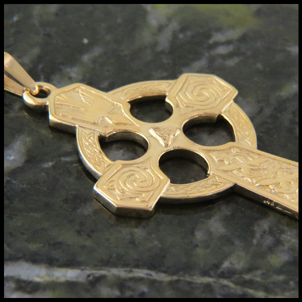 Large Celtic Trinity and Dove Cross in 14K Gold with Gemstones
