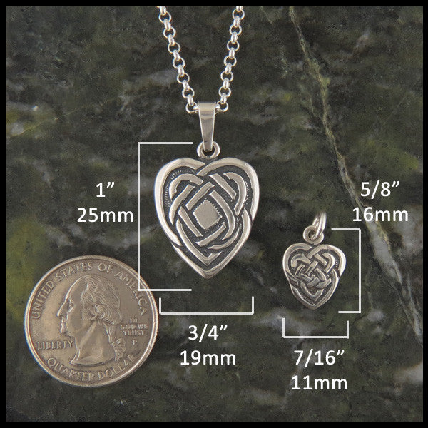 Large Maggie's Heart pendant measures 1" by 3/4" and Small Maggie's Heart pendant measures 5/8" by 7/16"