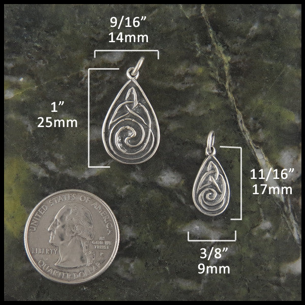 Large Celtic Drop pendant measures 1" by 9/16" and Small Celtic Drop Pendant measures 3/8" by 11/16"