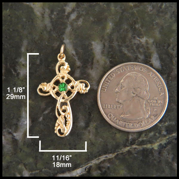 Feminine Celtic Cross in 14K Gold with Gemstones measures 1 1/8" by 11/16"