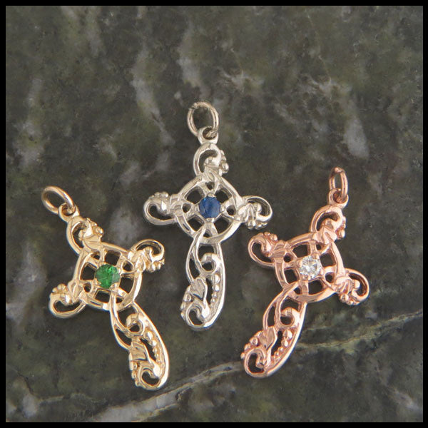 Ivy Celtic Cross pendants in 14K yellow, white, and rose gold with gemstones