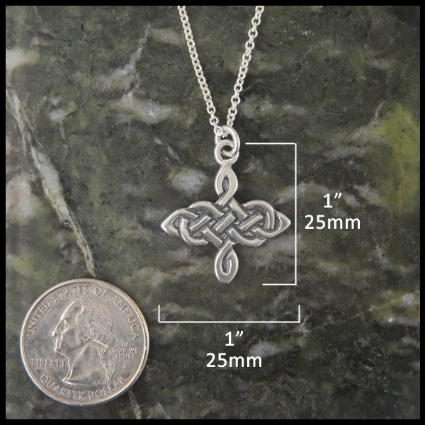 Unique Celtic Knot pendant in Sterling Silver measures 1" by 1"