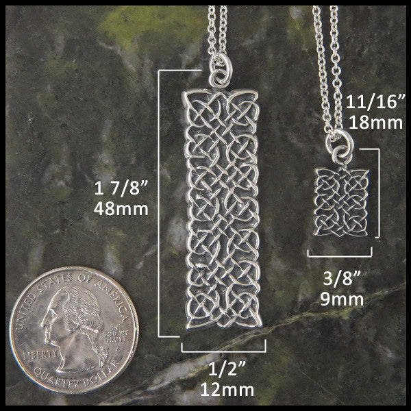 Large Pendant measures 1 7/8" by 1/2" and Small Pendant measures 11/16" by 3/8"
