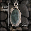 dimensions of the forest green moss agate pendant are 2.5 inches or 65 millimeters long by 1.25 inches or 30 millimeters wide