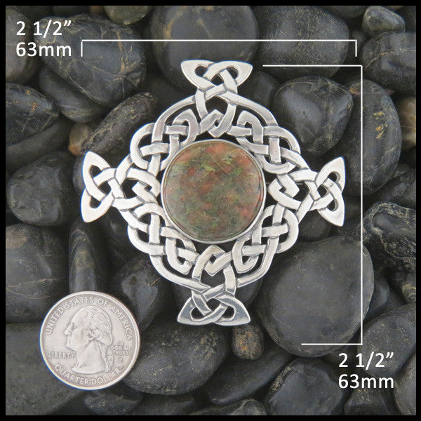 Celtic Knot brooch in Sterling Silver with Bloodstone measures 2 1/2" by 2 1/2"