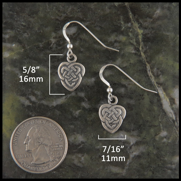Small Celtic knot heart drop earrings in Sterling Silver measure 5/8" by 7/16"