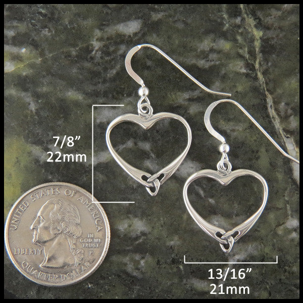 Celtic Triquetra Heart Earrings in Sterling Silver measure 7/8" by 13/16"