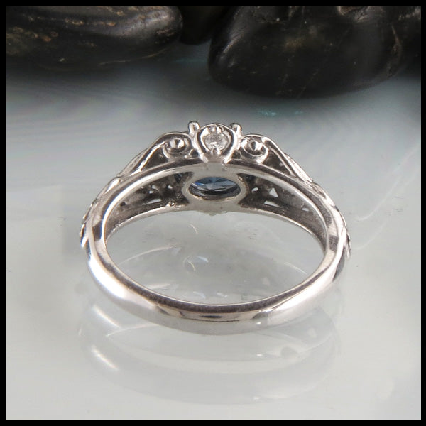 Reverse view of Blue Green Oval Sapphire Ring in 14K White Gold