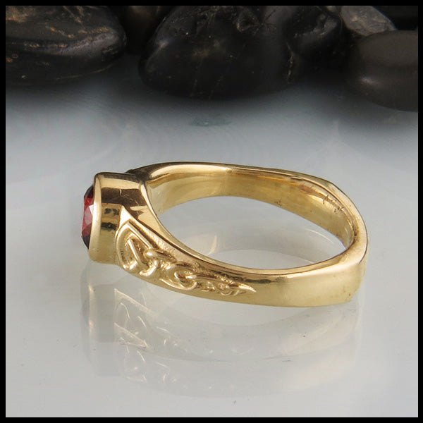 Profile view of Custom Rhodolite Garnet Ring in yellow gold