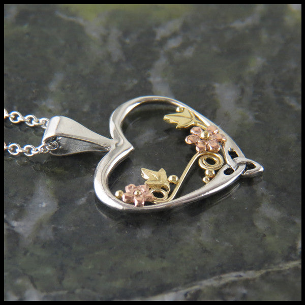 Sterling Silver and Gold pendant and earring set with Ivy and Flowers