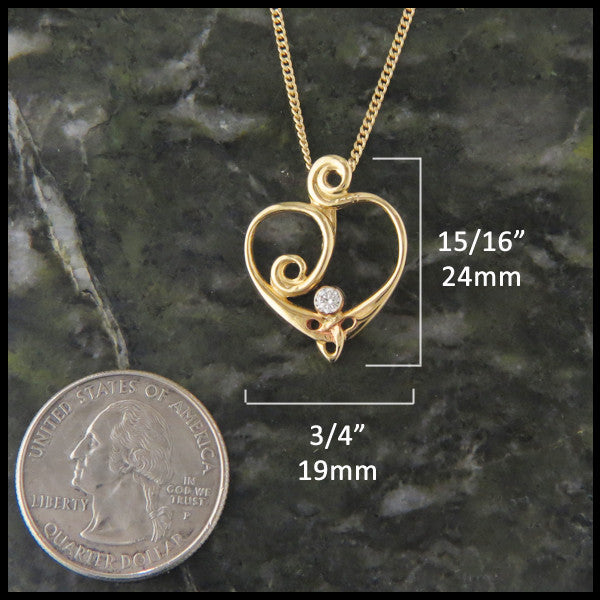 Spiral Heart pendant in 14K Yellow, Rose or White Gold with Diamond measures 15/16" by 3/4"
