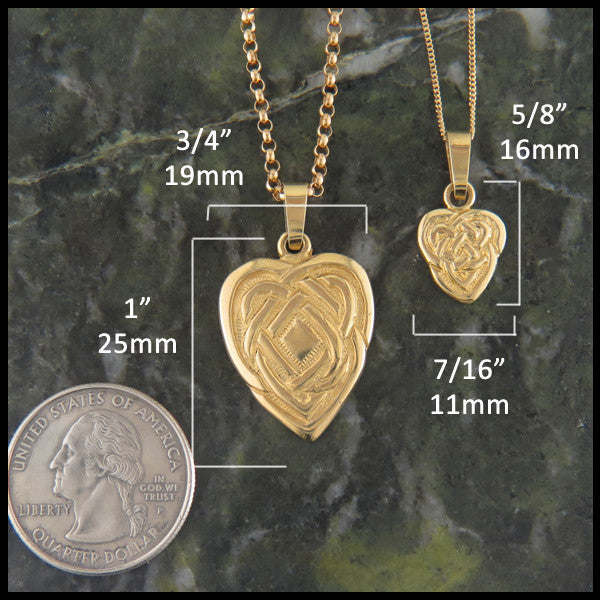 Large Maggie's Heart pendant measures 1" by 3/4" and Small Maggie's Heart Pendant measures 5/8" by 7/16"