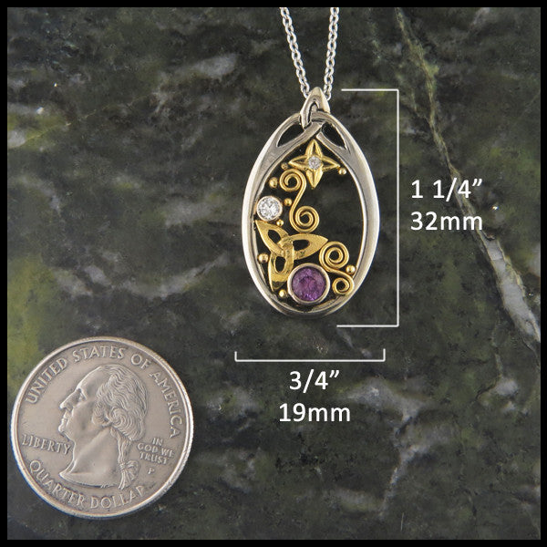 Custom Gold Celtic pendant with Purple Sapphire and Diamonds measures 3/4" by 1 1/4"