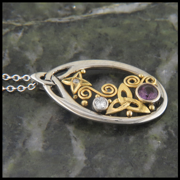 Custom Gold Celtic pendant with Purple Sapphire and Diamonds