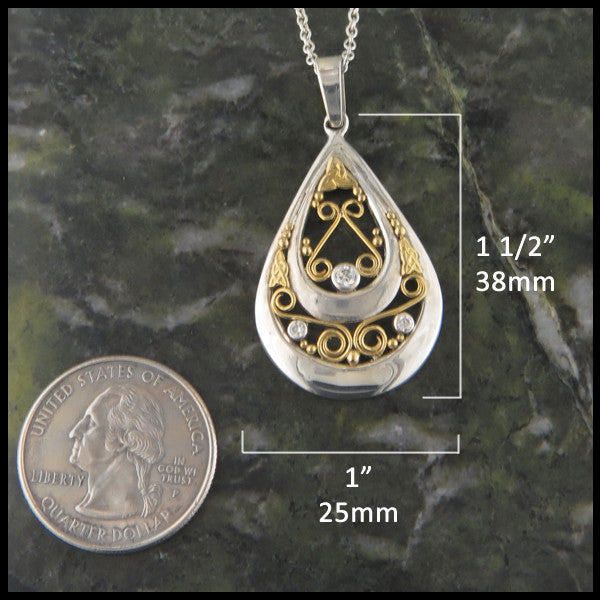 Ornate Teardrop pendant in Sterling Silver and Gold
