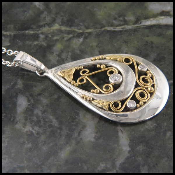Ornate Teardrop pendant in Sterling Silver and Gold