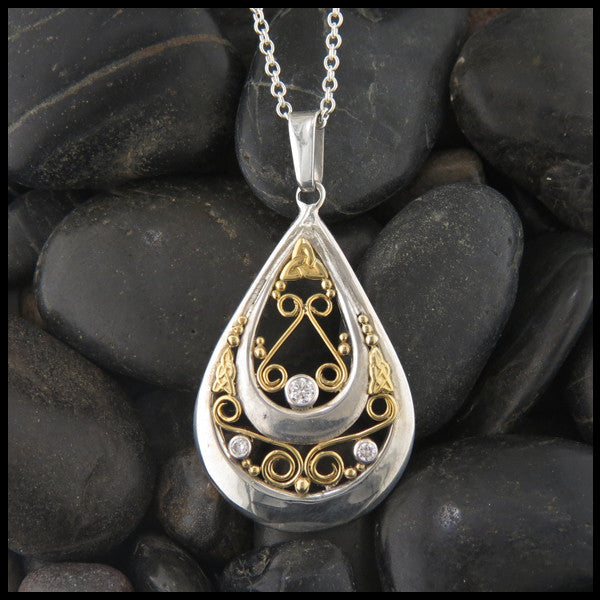 Ornate Teardrop pendant in Sterling Silver and Gold