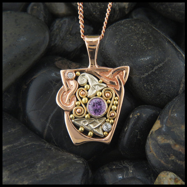 Pink Sapphire and Diamond Gold Celtic pendant