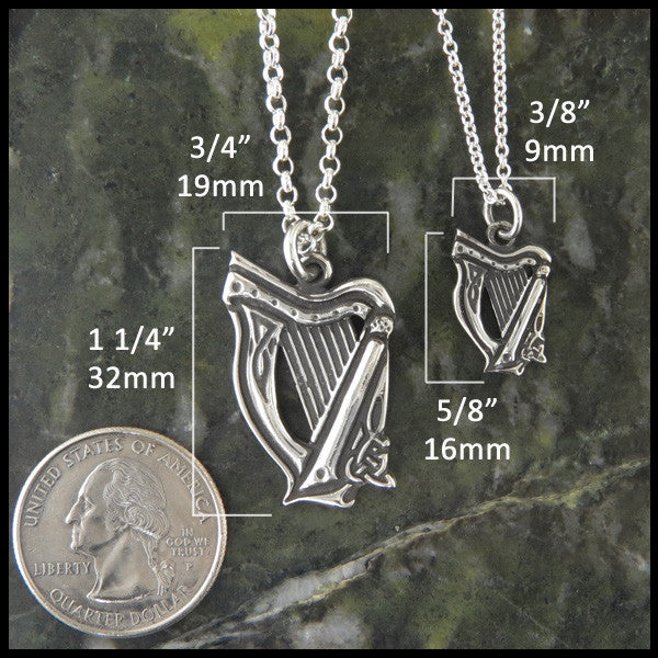 Large celtic harp pendant measures 3/4" by 1 1/4" and small pendant measures 3/8" by 5/8"