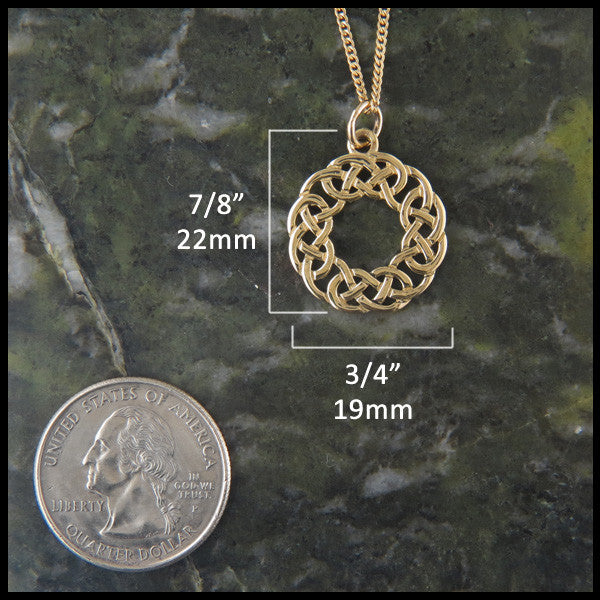 Josephine's Knot pendant in 14K  measures 7/8" by 3/4"