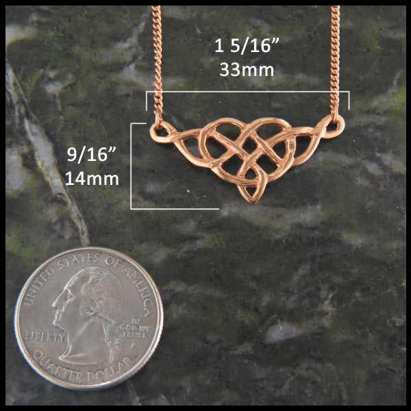 Celtic Heart knot pendant in Rose Gold measures 9/16" by 1 5/16"