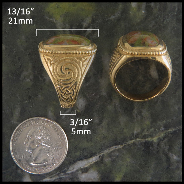 Large Men's Celtic Ring with Bloodstone in 14K Gold measures 21mm by 5mm