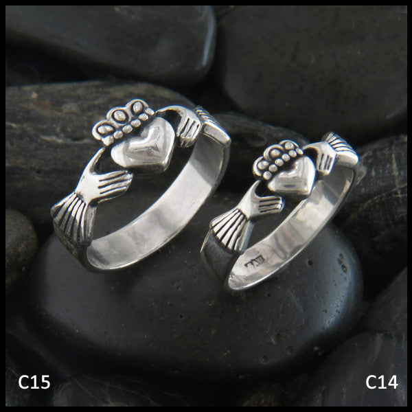 Walker Metalsmiths Celtic Jewelry Sterling Silver Celtic Claddagh Rings in Two Sizes