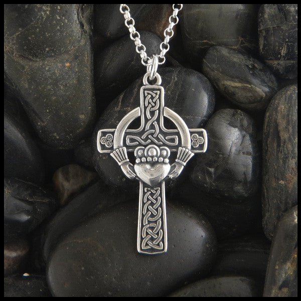 Traditional Celtic Cross with Irish Claddagh in Sterling Silver