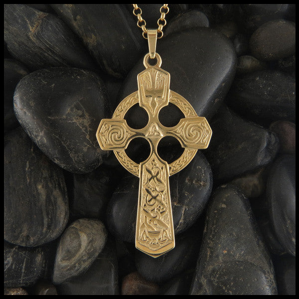 Large Celtic Trinity and Dove Cross in 14K Gold with Gemstones