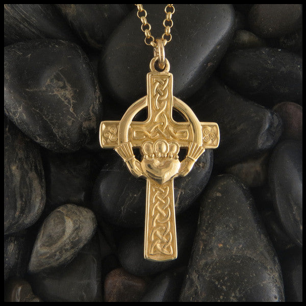Rose Gold Irish Claddagh Cross Pendant Necklace