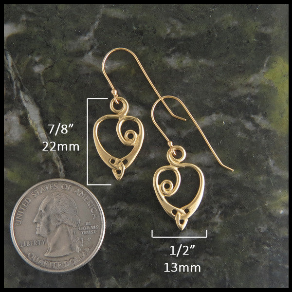 Gold Celtic Spiral Heart earrings measure 7/8" by 1/2"
