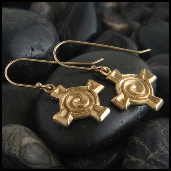Unique Spiral Cross drop earrings in 14K Gold